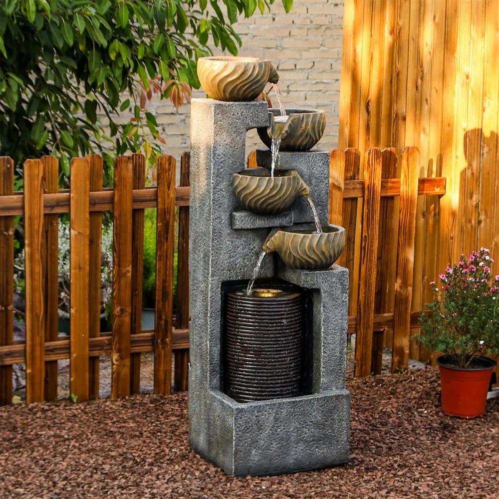 

44.09''H Outdoor Garden Water Fountain with LED Lights Bowl Cascading Floor Standing Waterfall Fountains Indoor 5-Tiered Water F