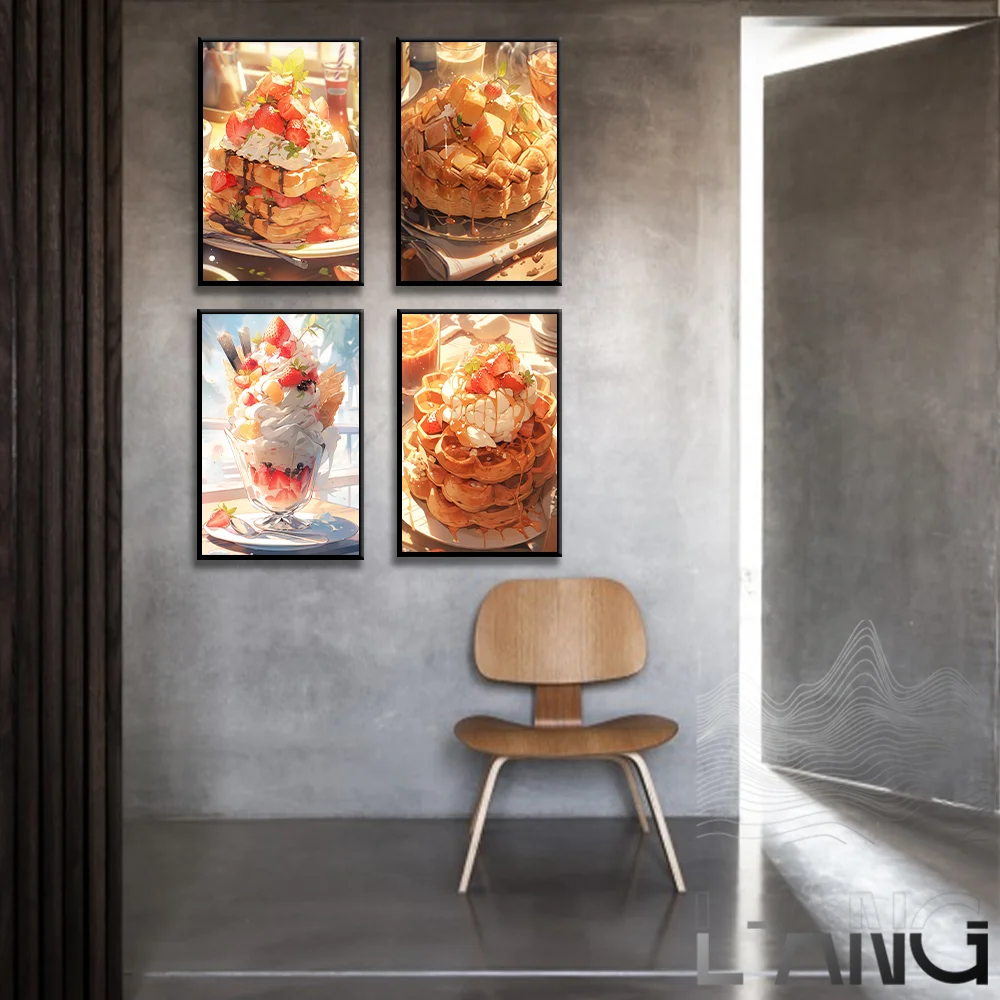 Gourmet dessert afternoon tea cake bread Ice cream Souffle poster Cartoon art decorative living room kitchen wall painting