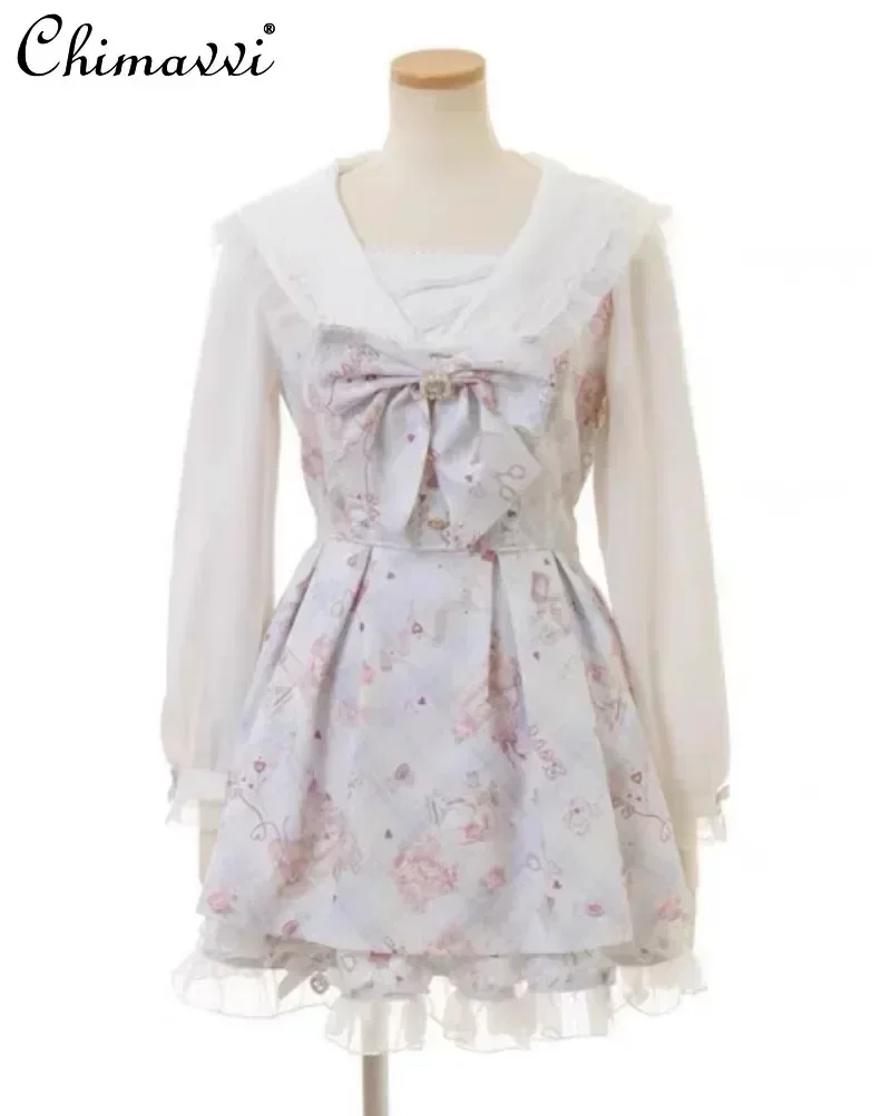 Liz Japanese Mine Dress Set 2025 Spring New Sweet and Cute Bow Bear Long Sleeve Lolita Dress Top and Shorts Kawaii Two-piece Set