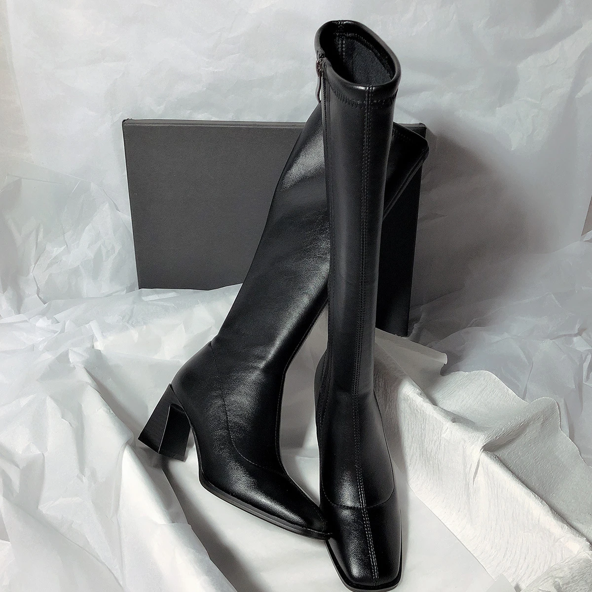 7CM Patent Leather High Heels Long Boots Women Autumn Square Toe Knee-high Botas Woman Side Zipper Thick Heeled Shoes Femme 39