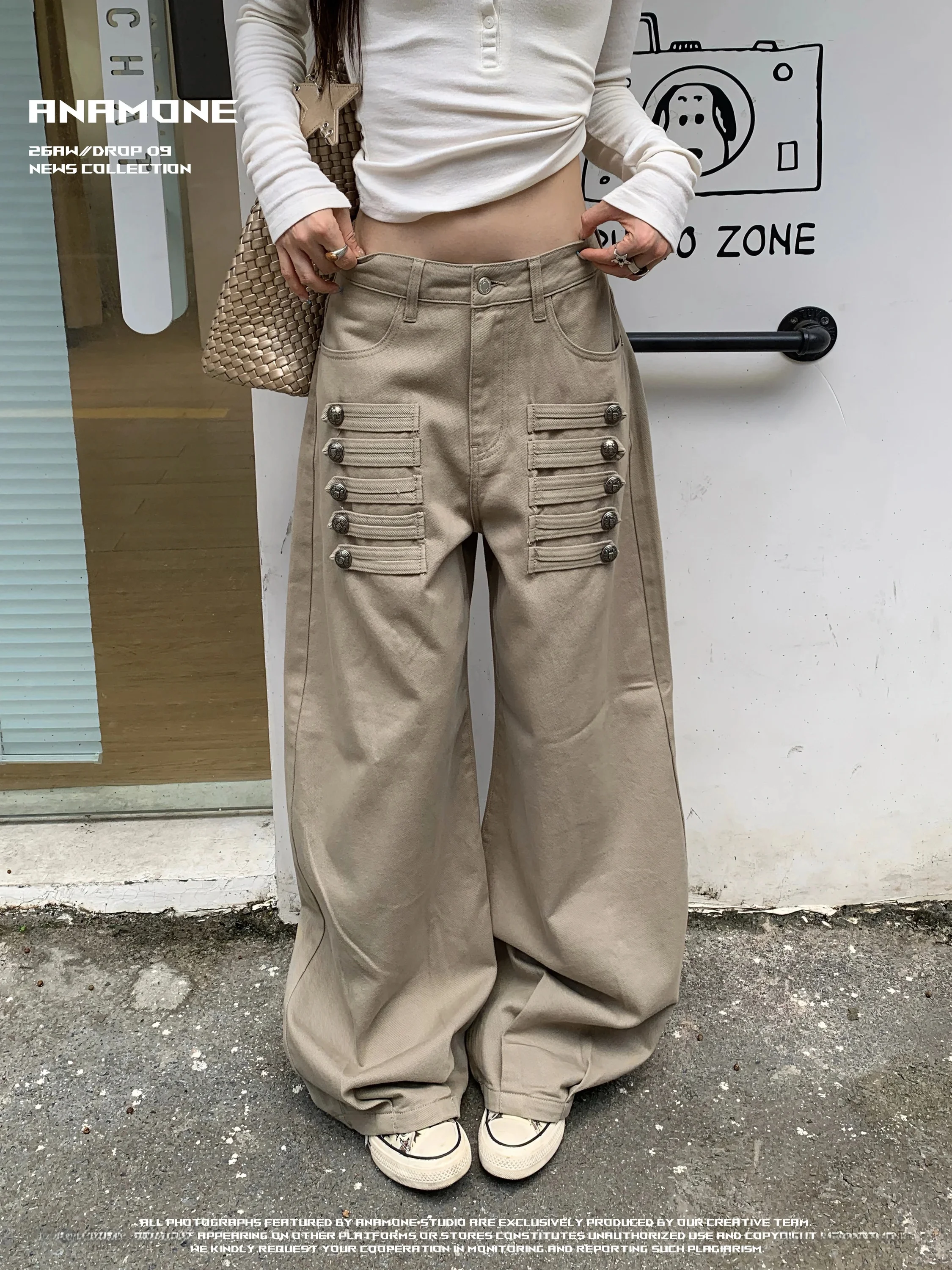 ANAMONE 2026 Autumn Winter American Court Style Linked Metal Buckle Khaki Black Men's Women's Casual Pants Knife 