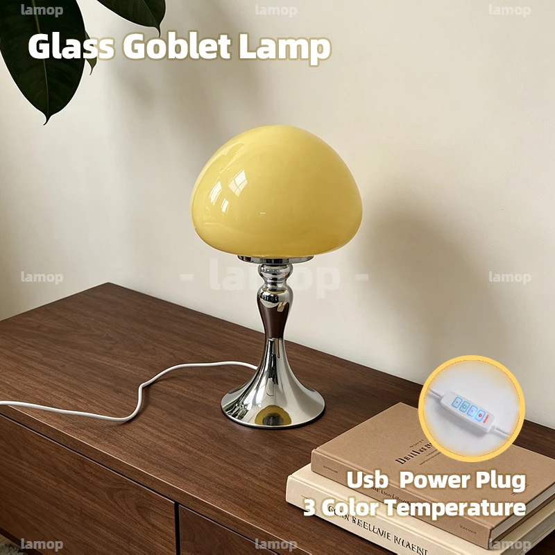 Glass Wine‑Cup‑Canopy Shade Table Lamp French‑Gentle 3 Tone Mild Radiance Bedside Study Lounge Shelf Decor