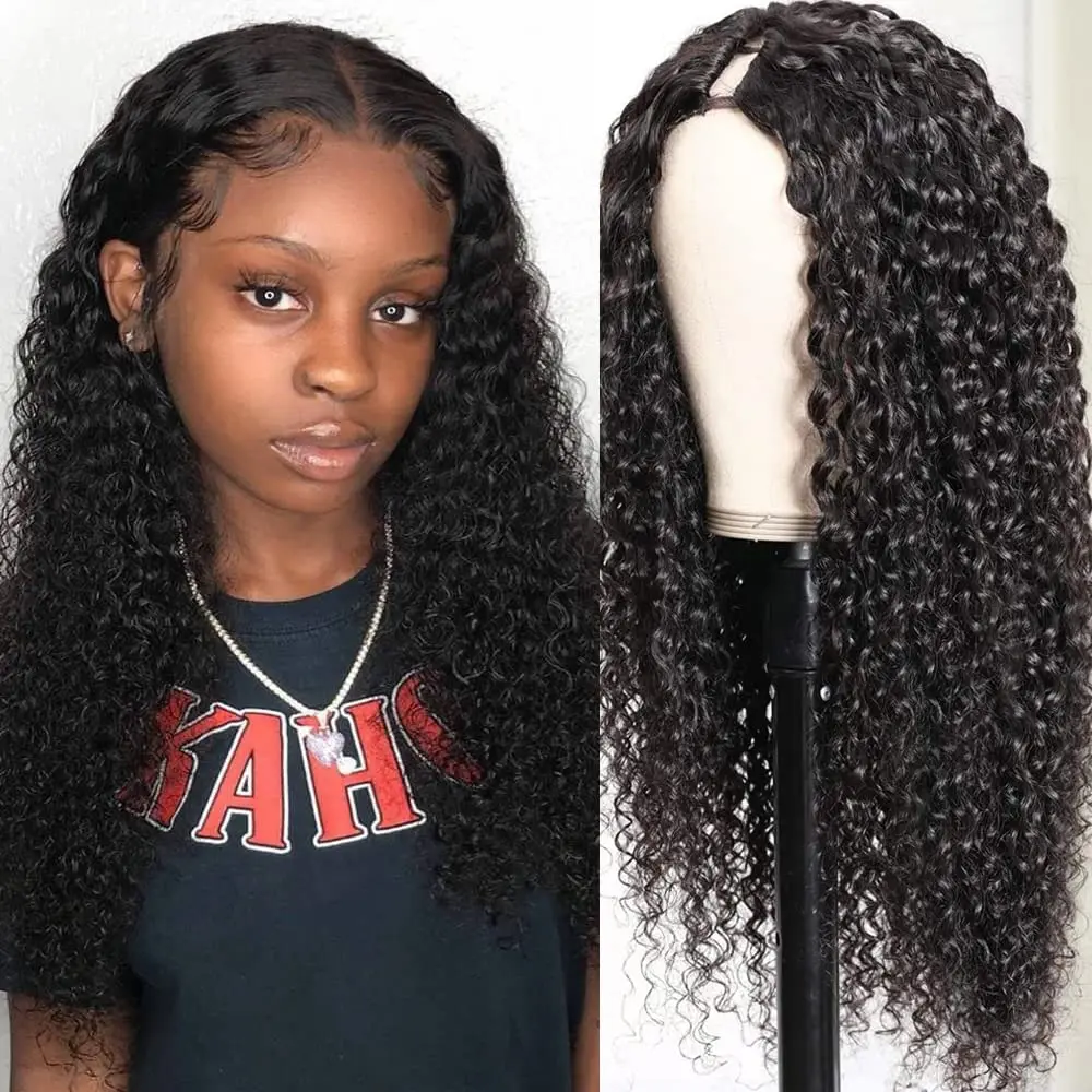 

V Part Wig Human Hair No Leave Out No Glue U Part Wig Human Hair for Women Curly V Part Wig Kinky Curly Thin Part V Shape Wig