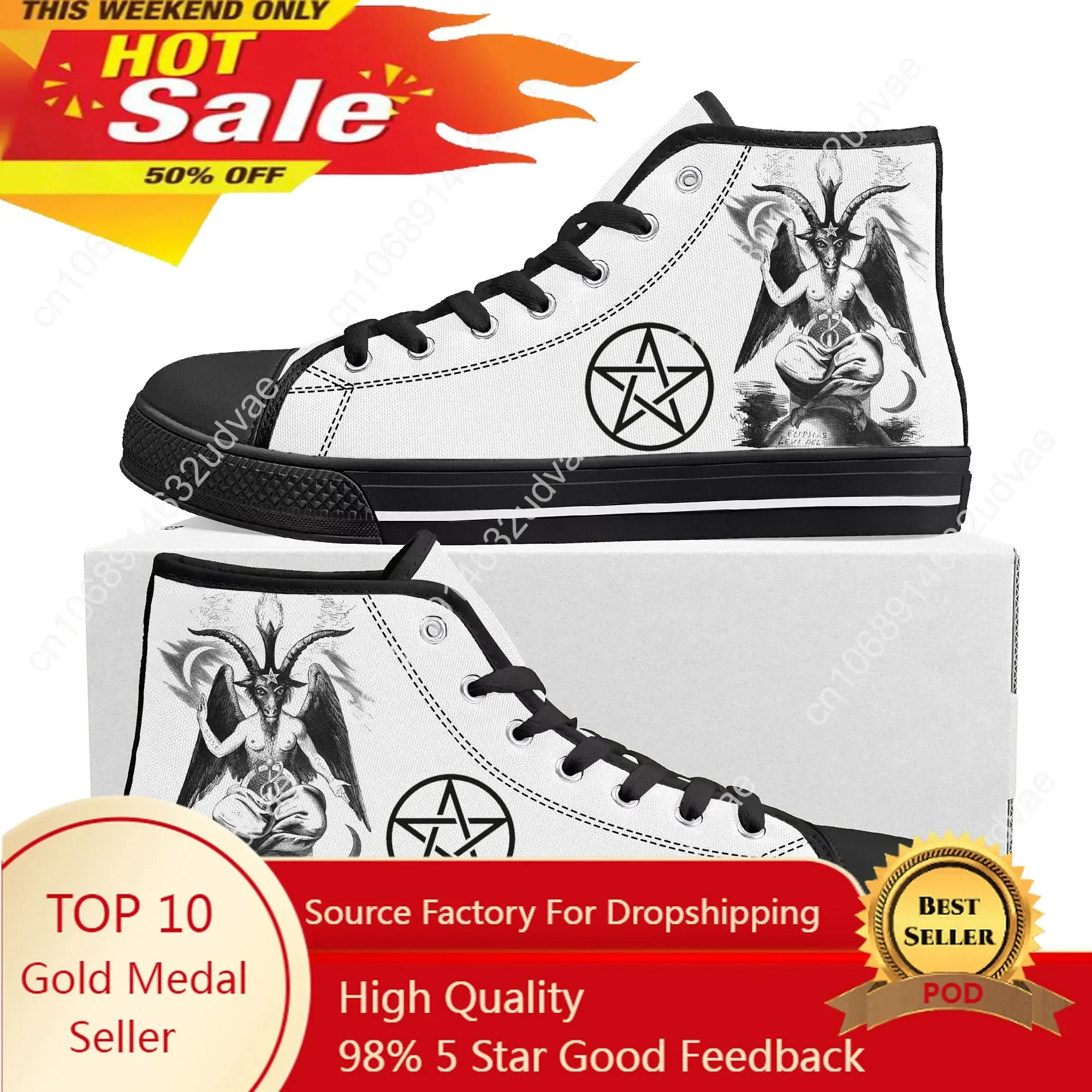 Pentagram Baphomet Satan Satanic Goth Gothic Goat High Top Sneakers Mens Womens Teenager Canvas Sneaker Casual Customize Shoe