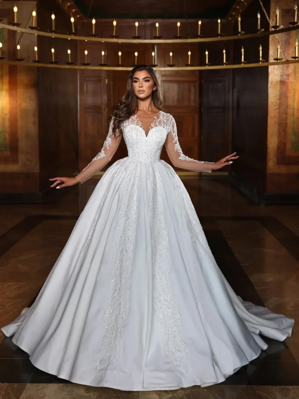 

Flavinke Customized Wedding Dresses Illusion Sleeves Sweetheart Lace Appliques Evening Party Gown Vestido De Noiva Sweep Train