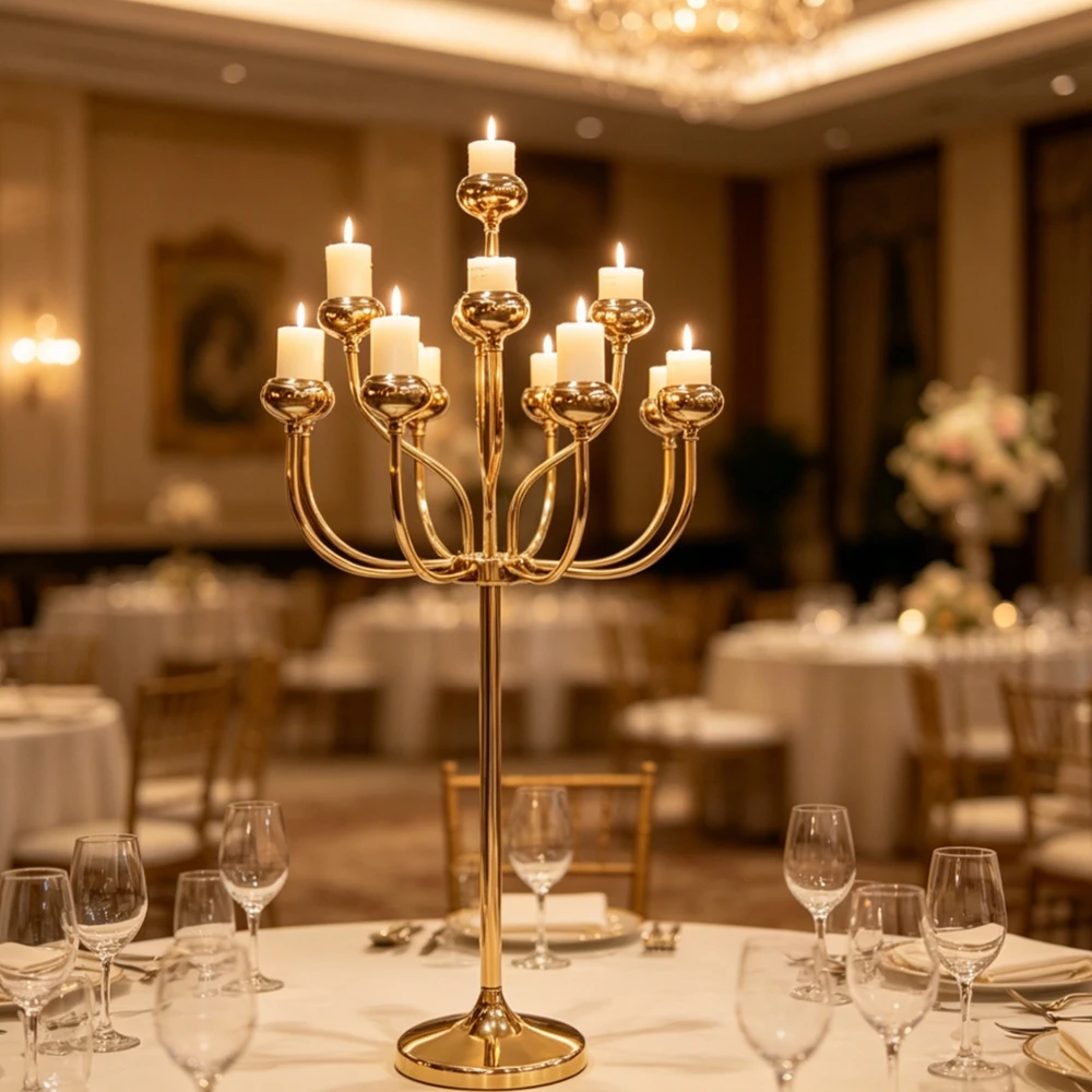 1-10pcs H128cm Wedding Table candlestick Centerpieces，Tall gold metal Cylinder floor backdrop Candelabra 13 Arms For Event tab