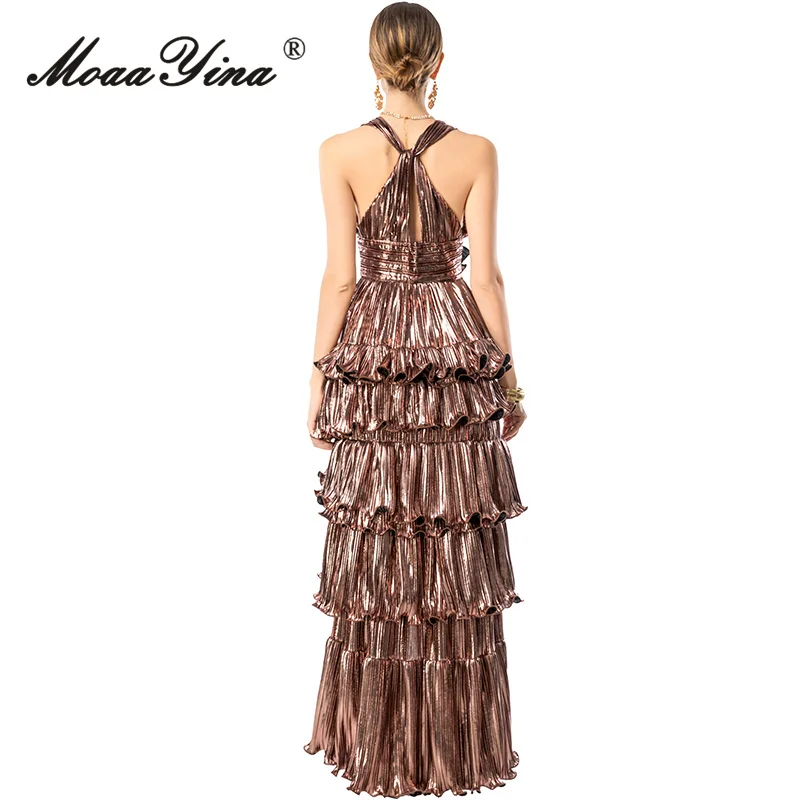 MoaaYina 2026 Spring Women's New Fashionable Light Luxury V-neck Sleeveless Backless Cross Shoulder Strap Waist Long Dress