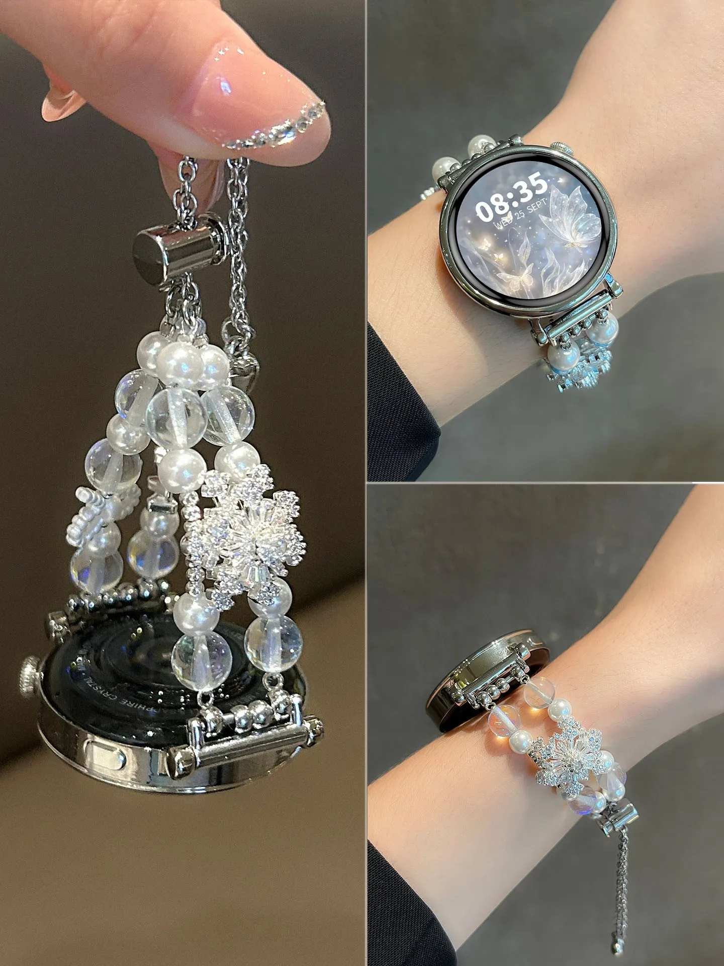 

Rotating snowflake pearl chain suitable for Huawei GT5/GT5 Pro/GT4/GT2/3/4 22mm/20mm/18mm fashionable watch straps