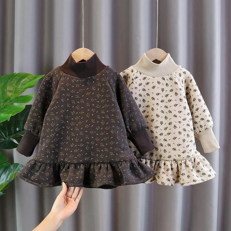 Kids Girls Autumn Winter Thickened Warm High Neck Sweater Dress 2023 New Korean Baby Velvet Children\'s Dresses