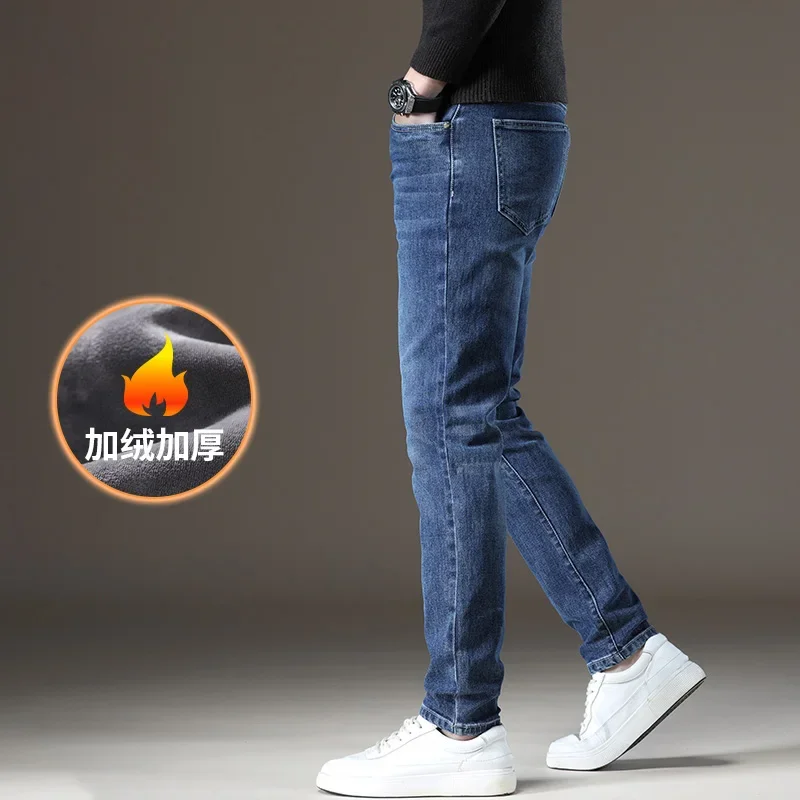 2024 Winter New Brand Thick Fleece Thermal Jeans Classic Men\'s Slim Fit Straight Dense Fabric High Quality Slim Denim Trousers