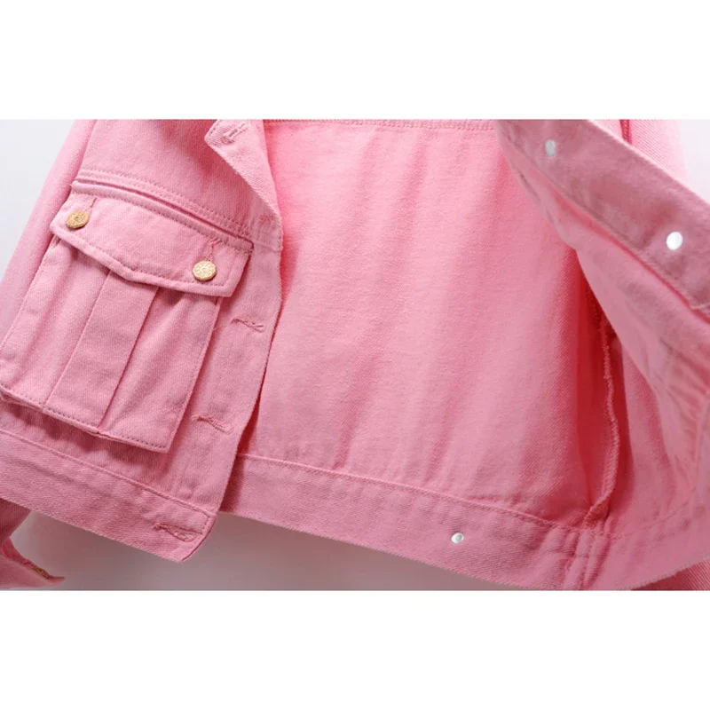 

Fashion Pink Big Pocket Long Sleeve Denim Jacket Women Casual Cowboy Outerwear Spring Autumn Loose Short Jeans Jackets Female