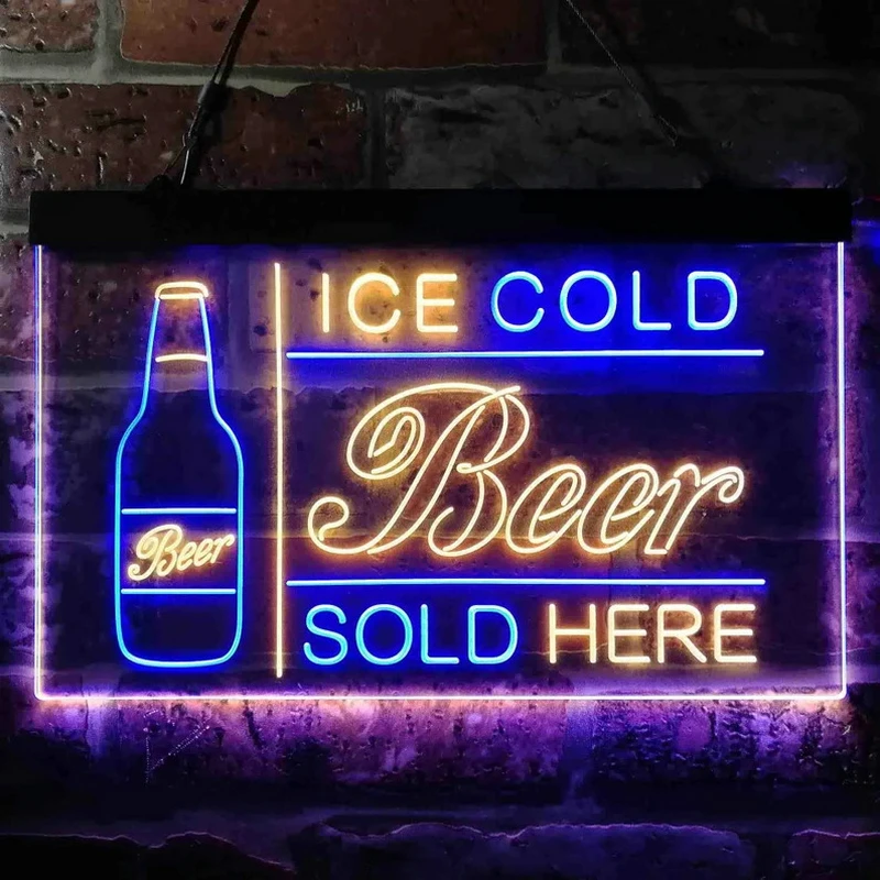 Custom Neon Sign Ice Cold Beer Sold Here Dual Color LED Neon Light Bar Pub Club Decoration Beer House Wall Decor Hanging Light