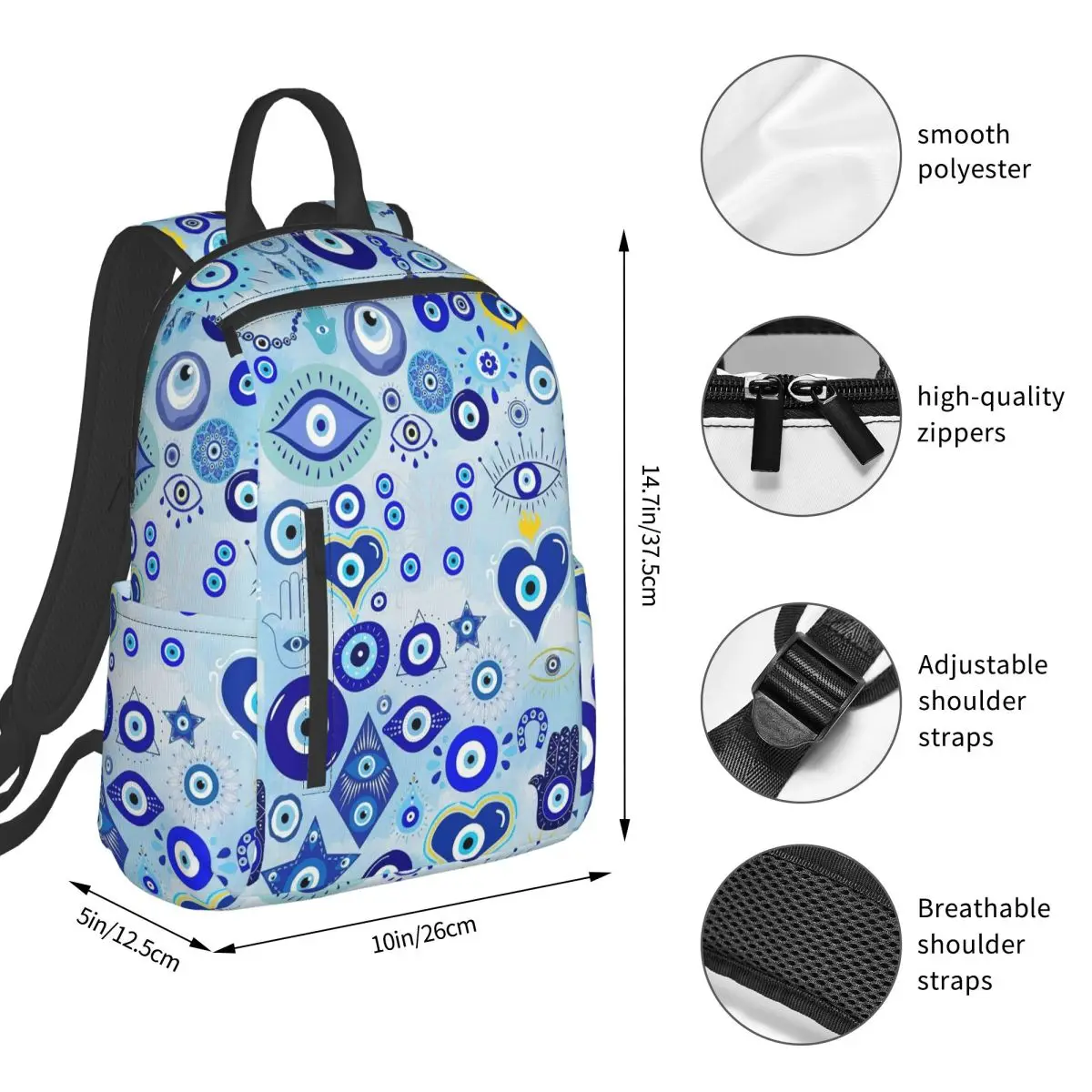 Mediterranean Blue And Gold Evil Eye Backpack Student Boys Girls BookBag Children School Bag Laptop Shoulder Bags for Men Women