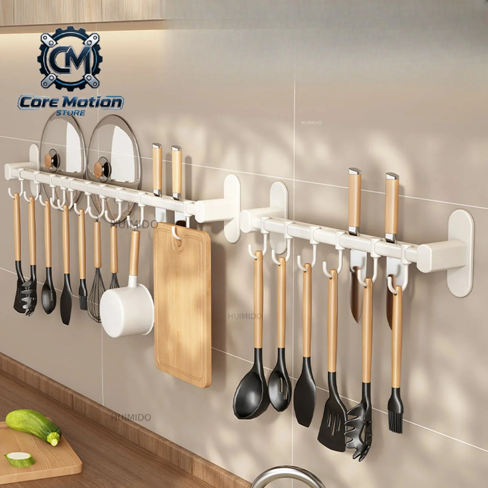 Wall Mounted Kitchen Hook Rack No-Punching Wall Hangers Rail Kitchen Utensils Rack Spoon Shovel Chopping Board Storage Rack
