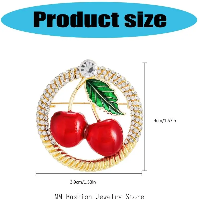 D0UB Elegant Crystal Decors Cherry Brooch Pin Round Button Pin For Women Formal Event
