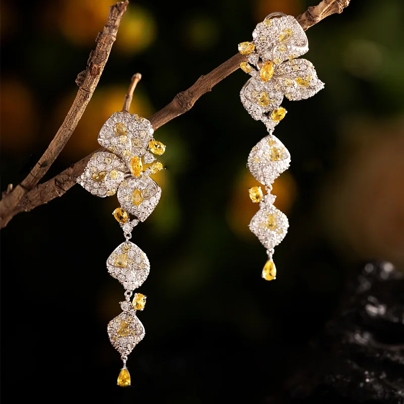 S925 Silver New Rhododendron Earrings Luxuriously Set with 3 * 5mm Yellow Diamond, Elegant and Elegant Style Earrings