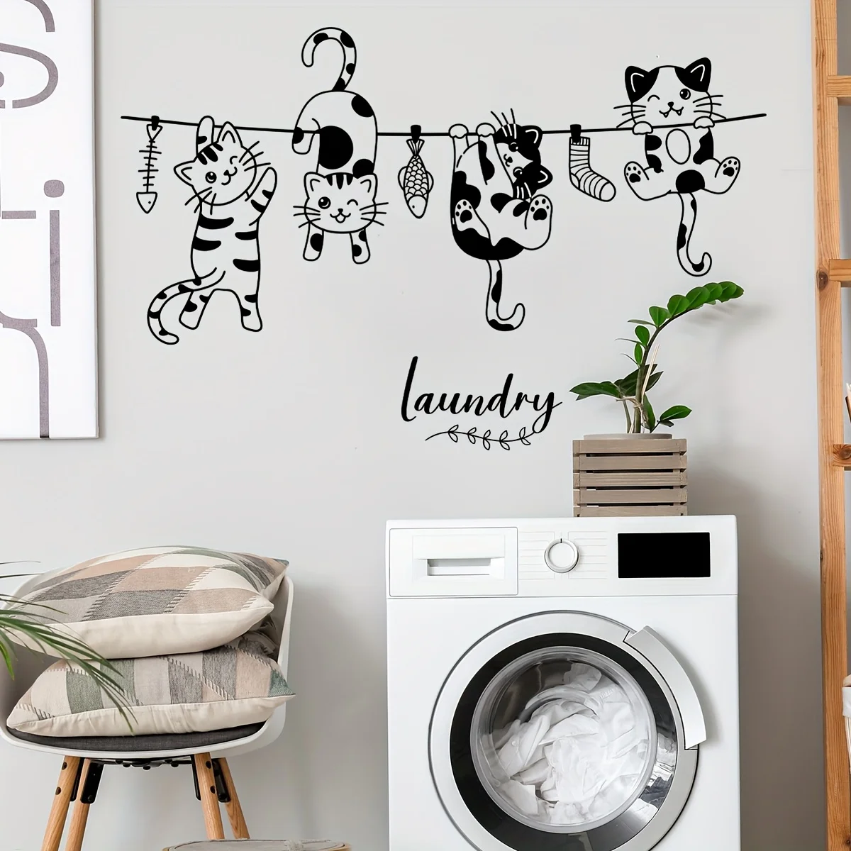 2D plane, 1 hand-painted black and white kitten clothesline wall stickers spring home decoration stickers laundry balcony