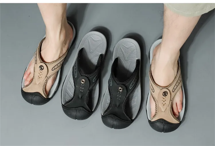 Sommerliche, atmungsaktive Herren-Sandalen aus weichem Echtleder, bequeme Herren-Hausschuhe, flache Herren-Flip-Flops, Outdoor-Römersandalen für den Strand – Detail 3