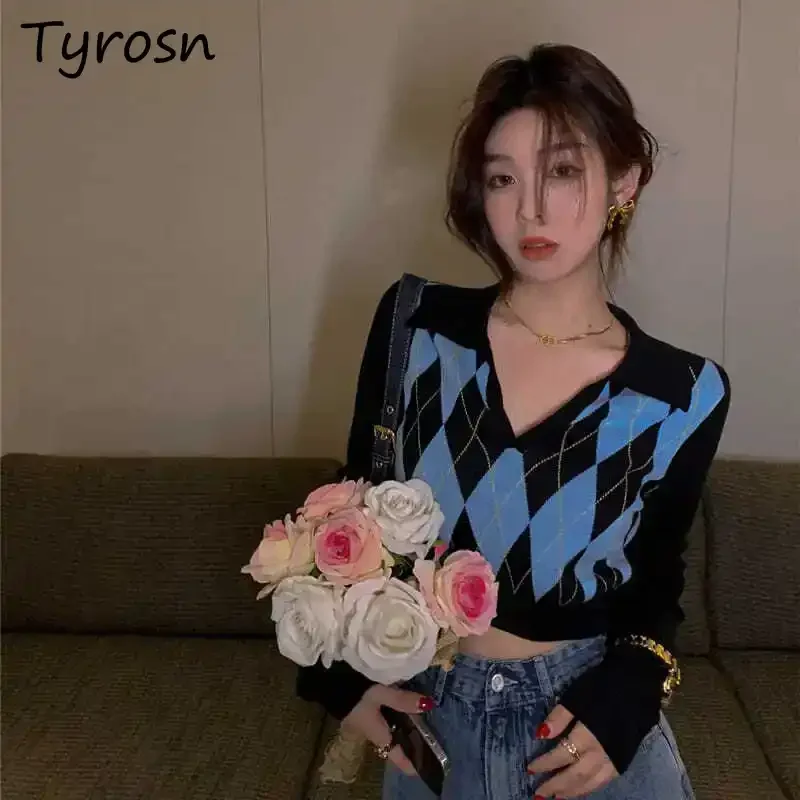 

Pullovers Women Argyle Cropped Slim Fit Vintage Turn Down Collar Students Leisure Holiday Harajuku Newest Stylish Sweater Ins