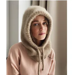 Woman’s Rabbit Fur Hats Unisexc Winter Knitted Hooded Neck Collar Adjustable Elastic Warm Balaclava Cap