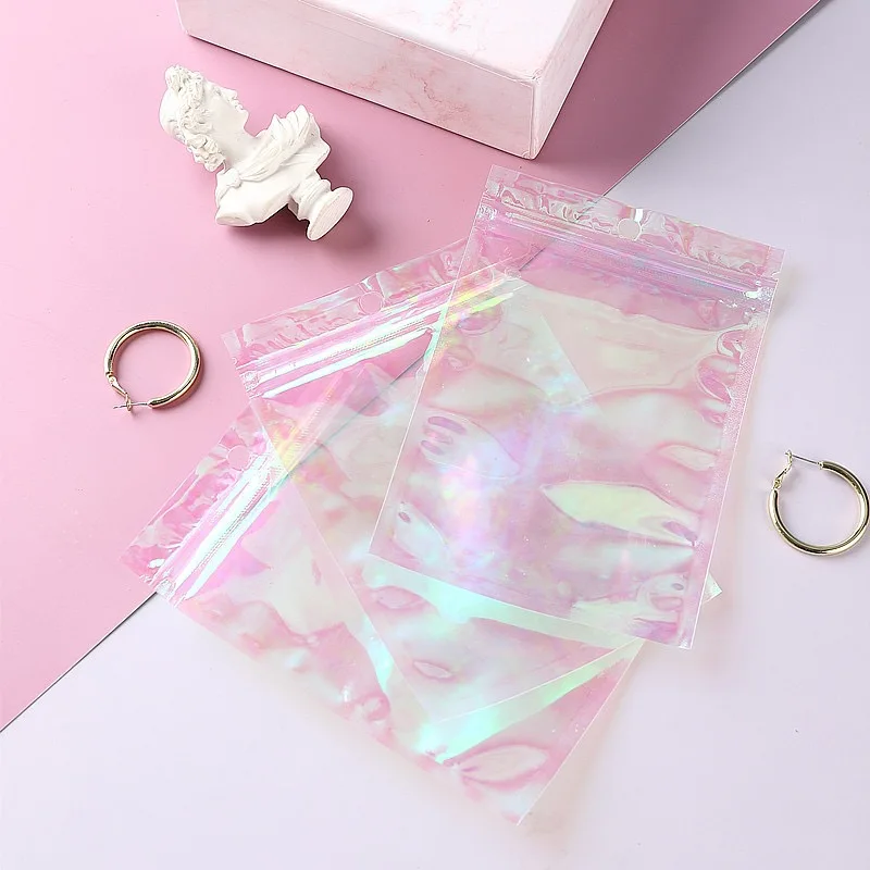 20-50pcs Sealing Opp Bags Holographic Pink Aluminum Foil Pouch Resealable Ziplock Bag for Jewelry Retail Hang Display Packaging