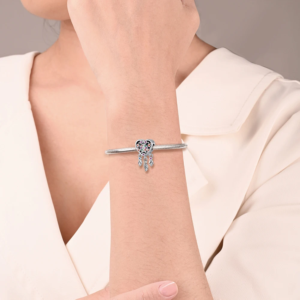 Danturn 925 Sterling Silver Original Beads Heart-Shaped Dreamcatcher Charm fit Snake Chain Bracelet Fashion Women Jewelry Making