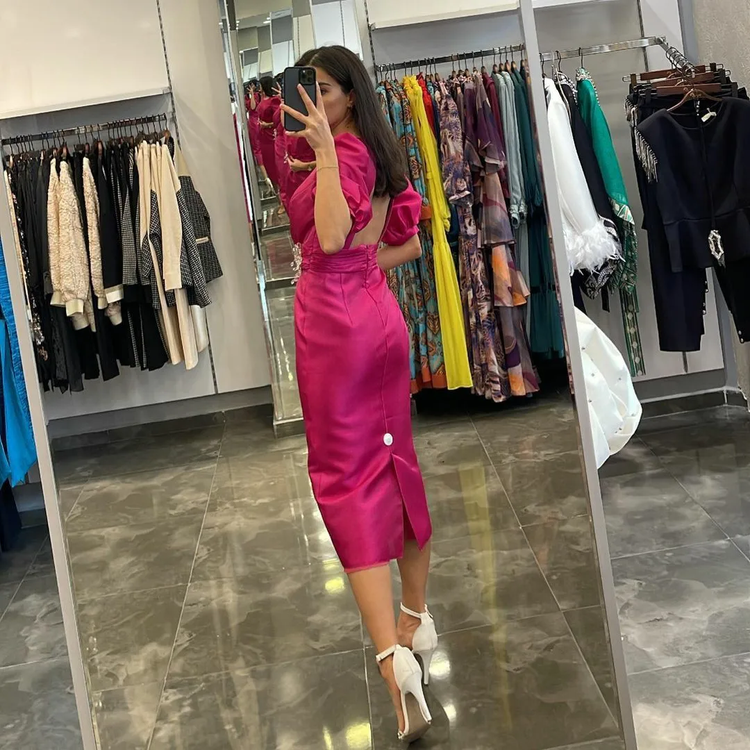 SoDigne Satin Mermaid Evening Dresses Backless Short Sleeves Formal Party Dress Dubai Prom Gown 2023 Tea Length