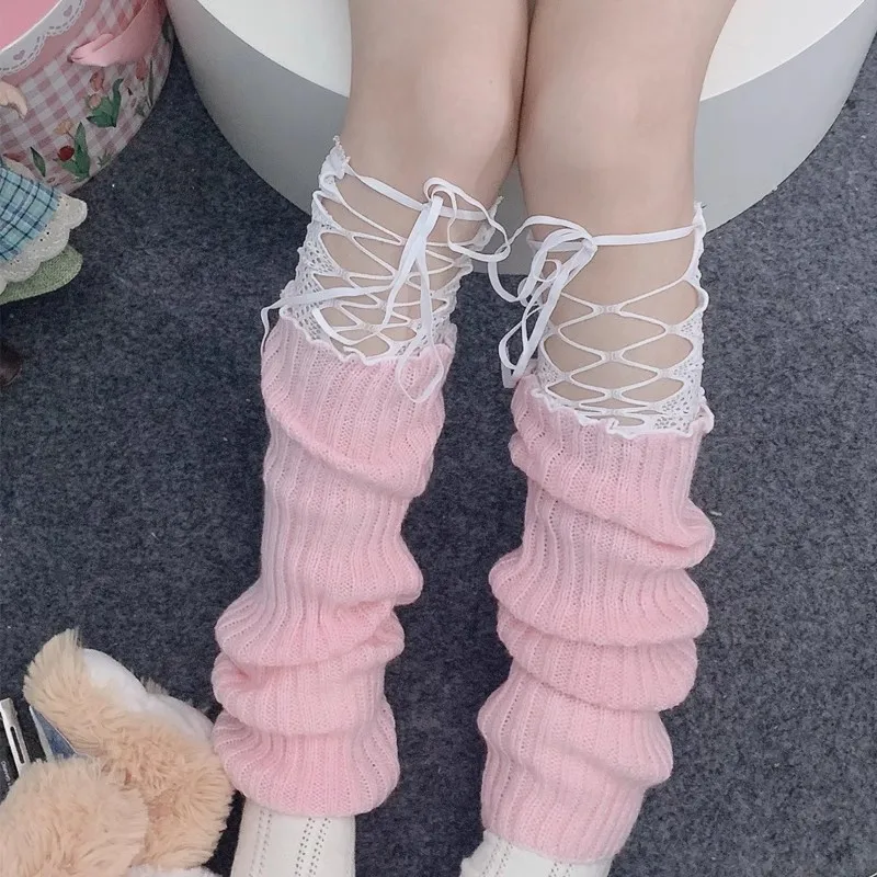 Lolita Lace Long Socks Women Leg Warmers Knitted Warm Foot Cover White Arm Warmer Ladies Autumn Winter Crochet Socks Boot Cuffs