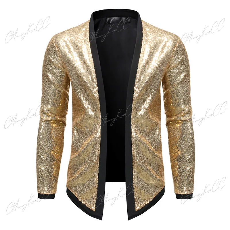 Chaqueta de lentejuelas doradas brillantes para hombre, cárdigan ajustado para hombre, Blazers para fiesta en club nocturno, DJ, escenario, cantante, espectáculo de baile, disfraz para hombre, nuevo