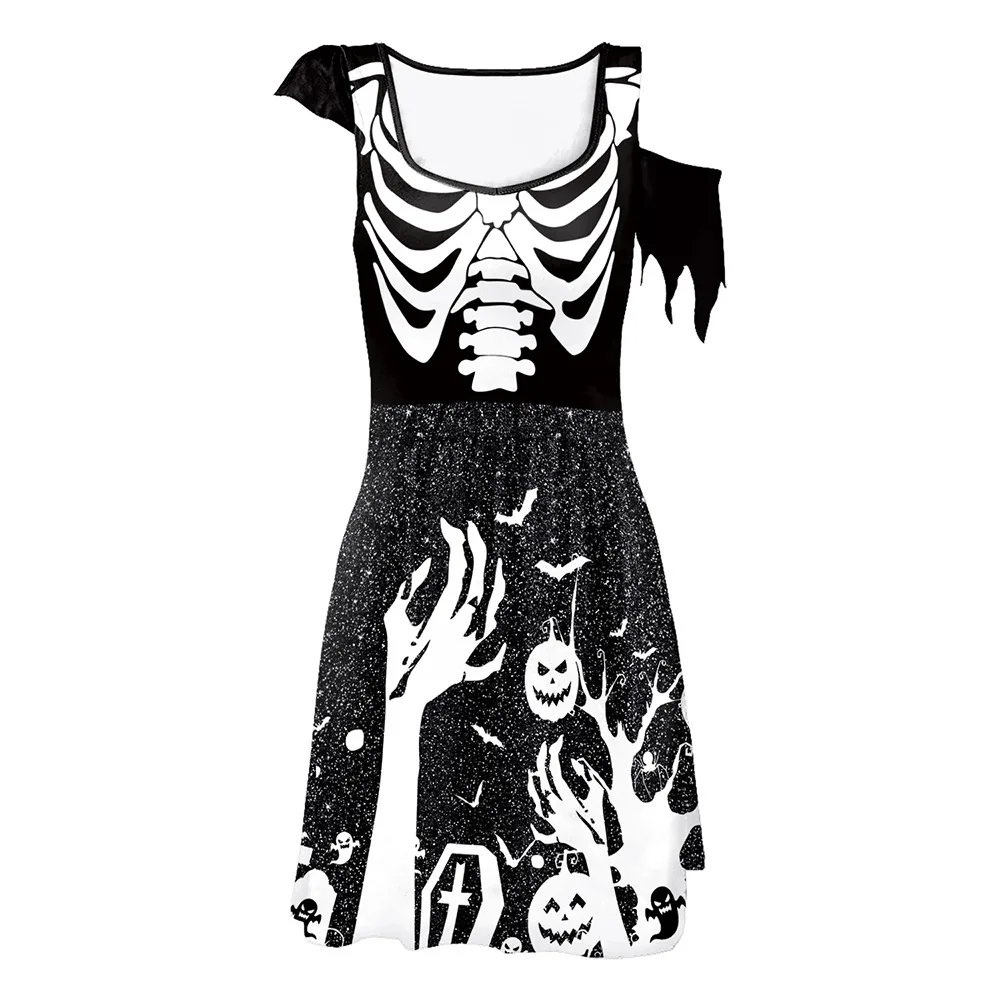 Halloween Women Sexy Gothic Skeleton Print Cosplay Vintage Dress Day of The Dead Party Role Playing Dress Up Female