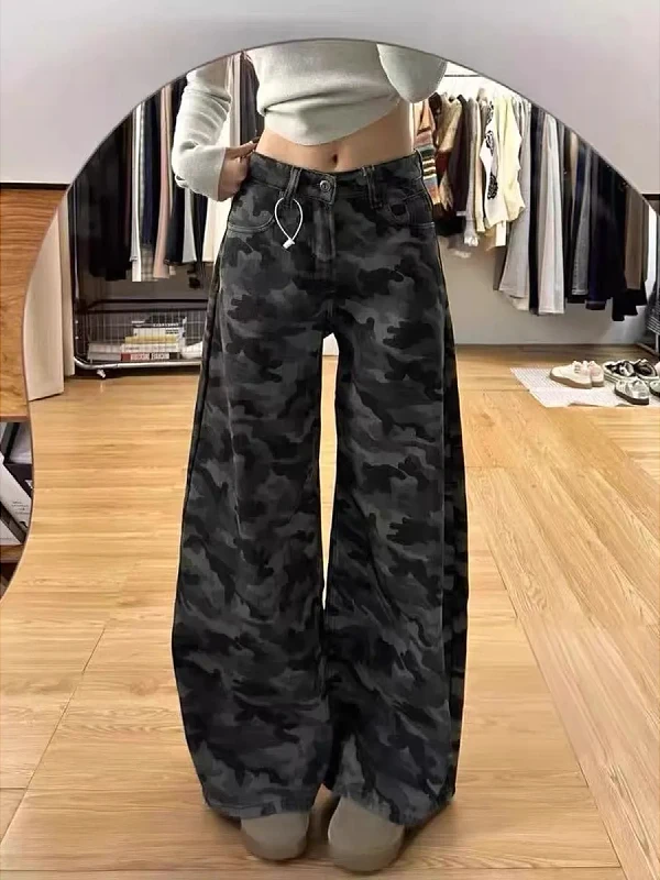 

Камуфляжные джинсовые брюки с высокой талией и широкими штанинами, женские уникальные дизайнерские осенние модные брюки для поездок на работу