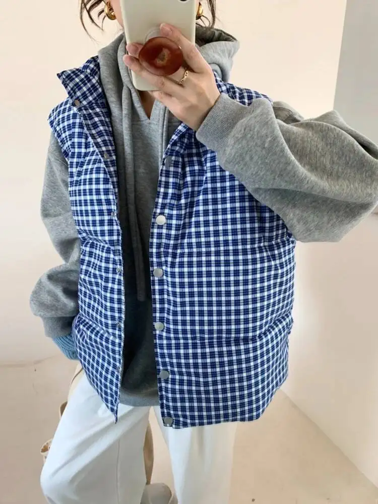 

2025 Korean Style Blue Checkered Cotton Jacket Women's Winter Bread Vests Stand Collar Sleeveless Single Breasted Parkas Tops