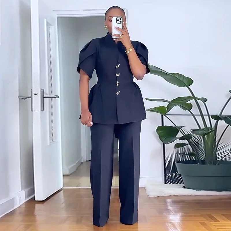 أنيقة 2 قطعة مجموعة بناطيل رجالي للمرأة بلون زهرة برعم كم بلوزة أعلى + مستقيم الساق السراويل مطابقة الإناث الشارع الشهير #2