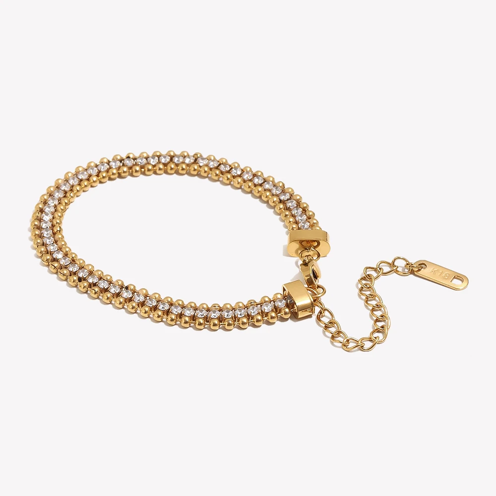 E.B.belle Three Layer Round Bead Woven Zircon Bracelet Hypoallergenic Stainless Steel Accessories 18K Gold Plated Jewelry
