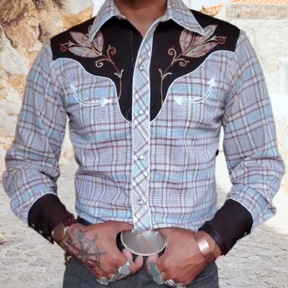 Plus Size Men Spring Shirt Vintage Western Cowboy Print Slim Buttons Casual Business Male Shirt Coat