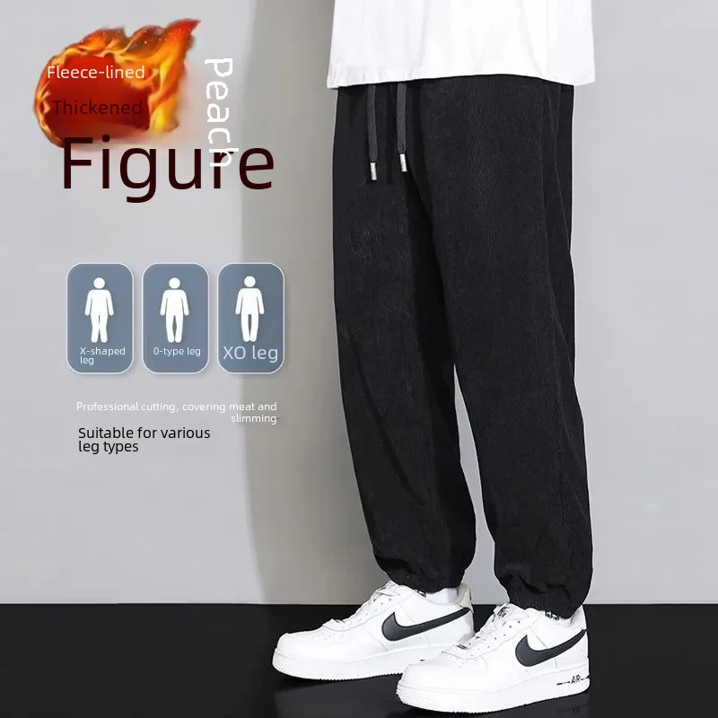 Autumn Winter Men's Corduroy Pants Loose Fit Sporty Ankle Length Versatile Thickened Fleece Lined Casual Pants Trendy