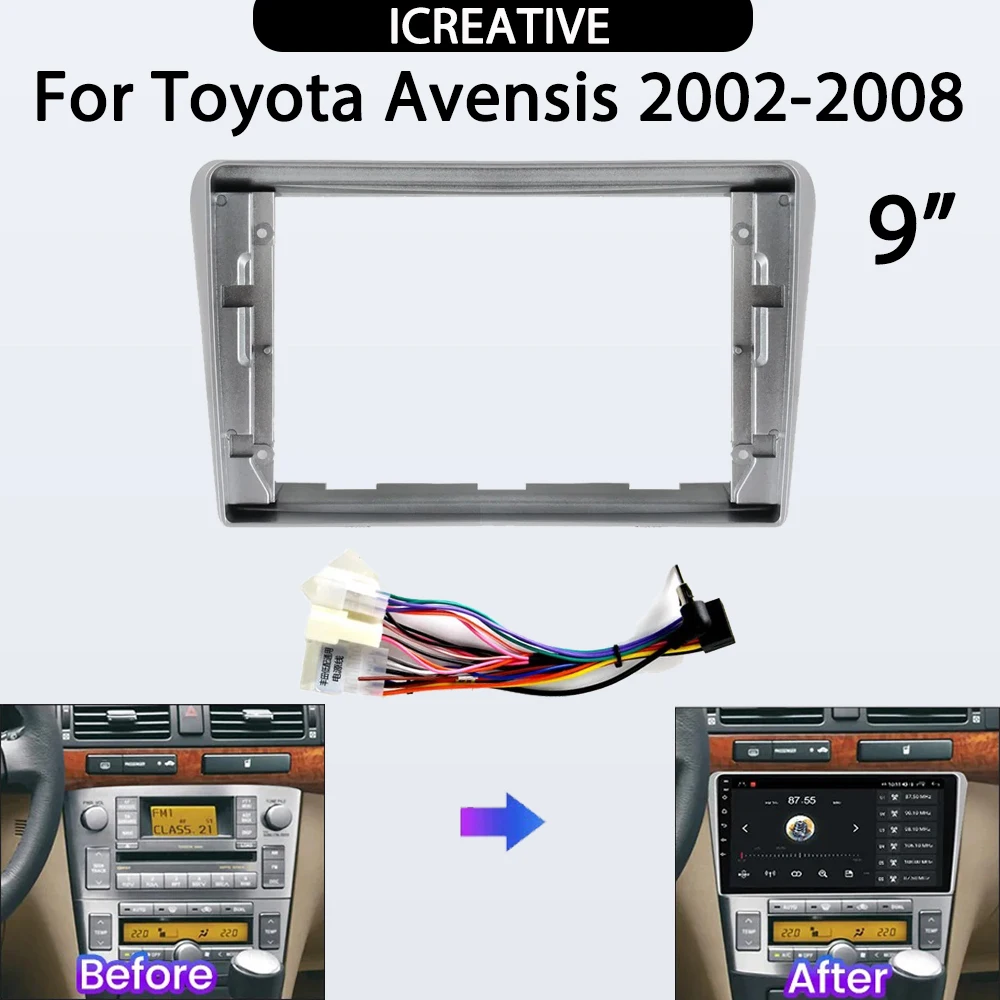 

Комплект 9-дюймовой панели автомобильного радио для Toyota Avensis 2002-2008, кабель питания, автомобильные аксессуары, центральное управление, мультимедийная рамка, панель