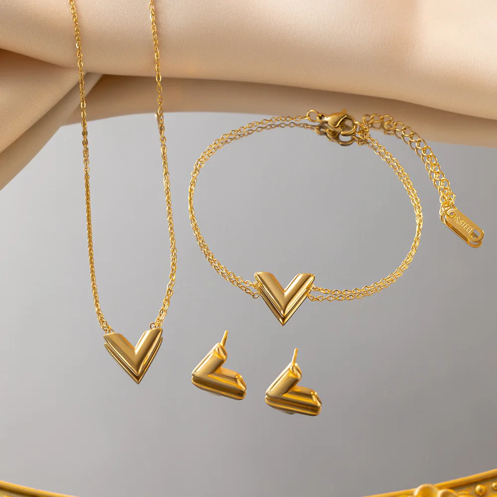 Fashion V-shape Gold Silver Color Stainless Steel Jewelry Set for Women Perfect Gift Jewelry Accessories