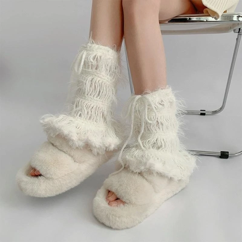 

Women Tie Up Bowknot Furry Leg Warmer Winter Hollowed Knitted Plush Boot Cuffs 15UB