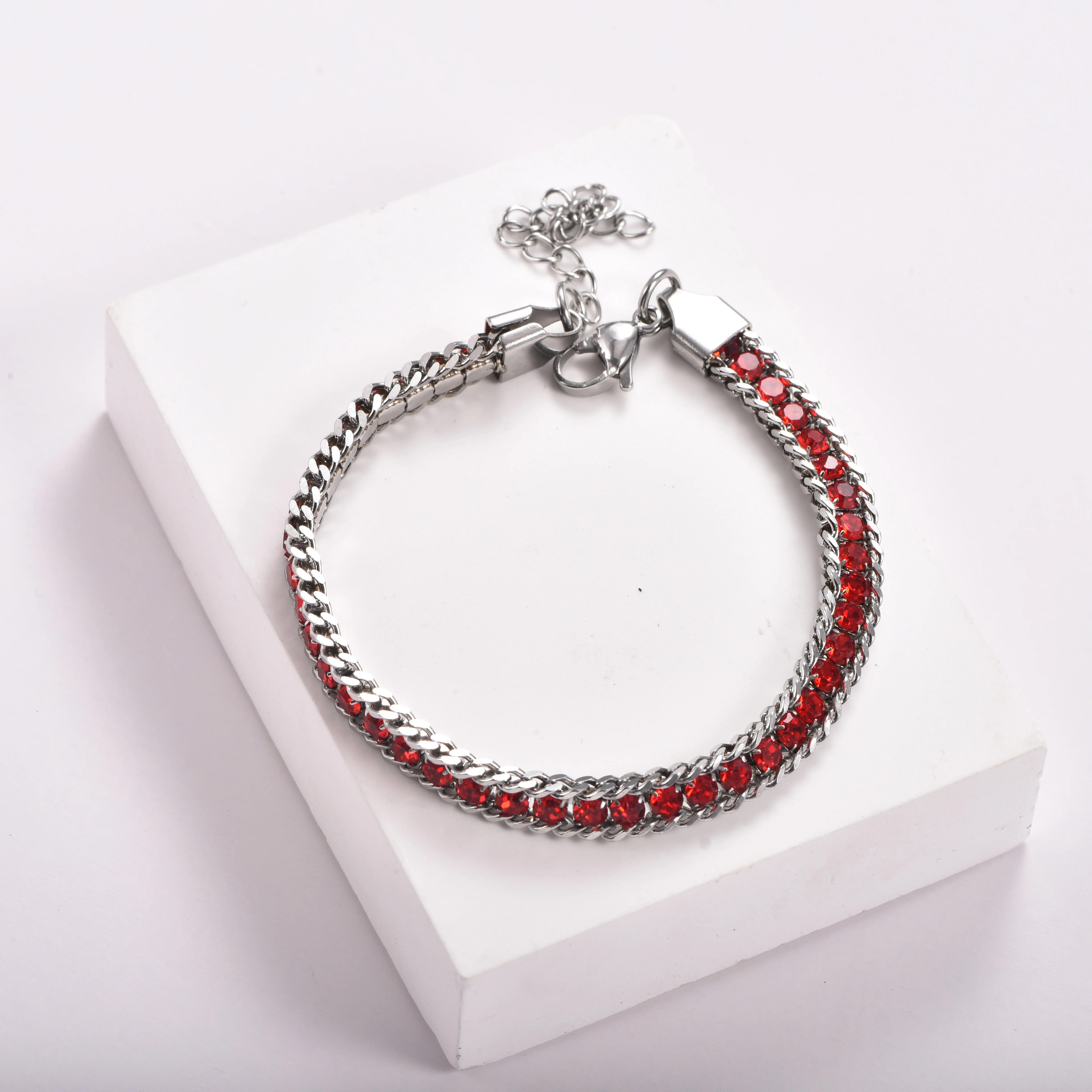 Edelstahl-Strass-Kubaner-Kettenarmband für Damen und Herren, Buntes Kristall-Verstellbares Gliederarmband, Modisches Schmuckgeschenk – Detail 1