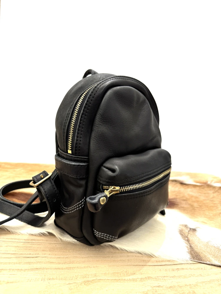 Simple vintage high quality thickened cow leather women's small backpack outdoor travel handmade genuine leather black bookbag