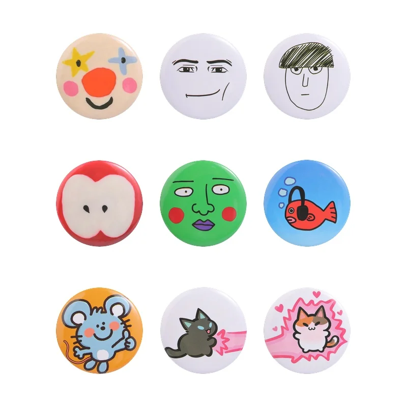 Cartoon Round Tin Badge Pin Hand Drawn Funny Face Print Safety Pin Accessory for Backpack Clothing Decor for Teens Street Style