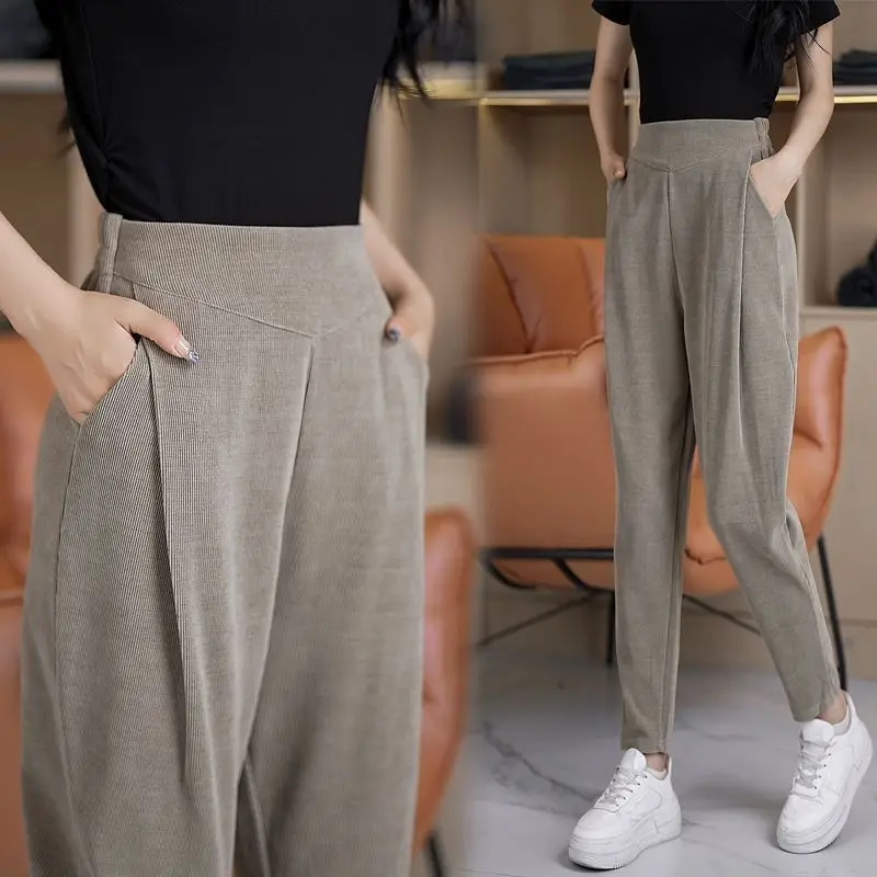 Tamanho grande casual harun calças primavera outono elástico de cintura alta calças femininas casuais calças retas