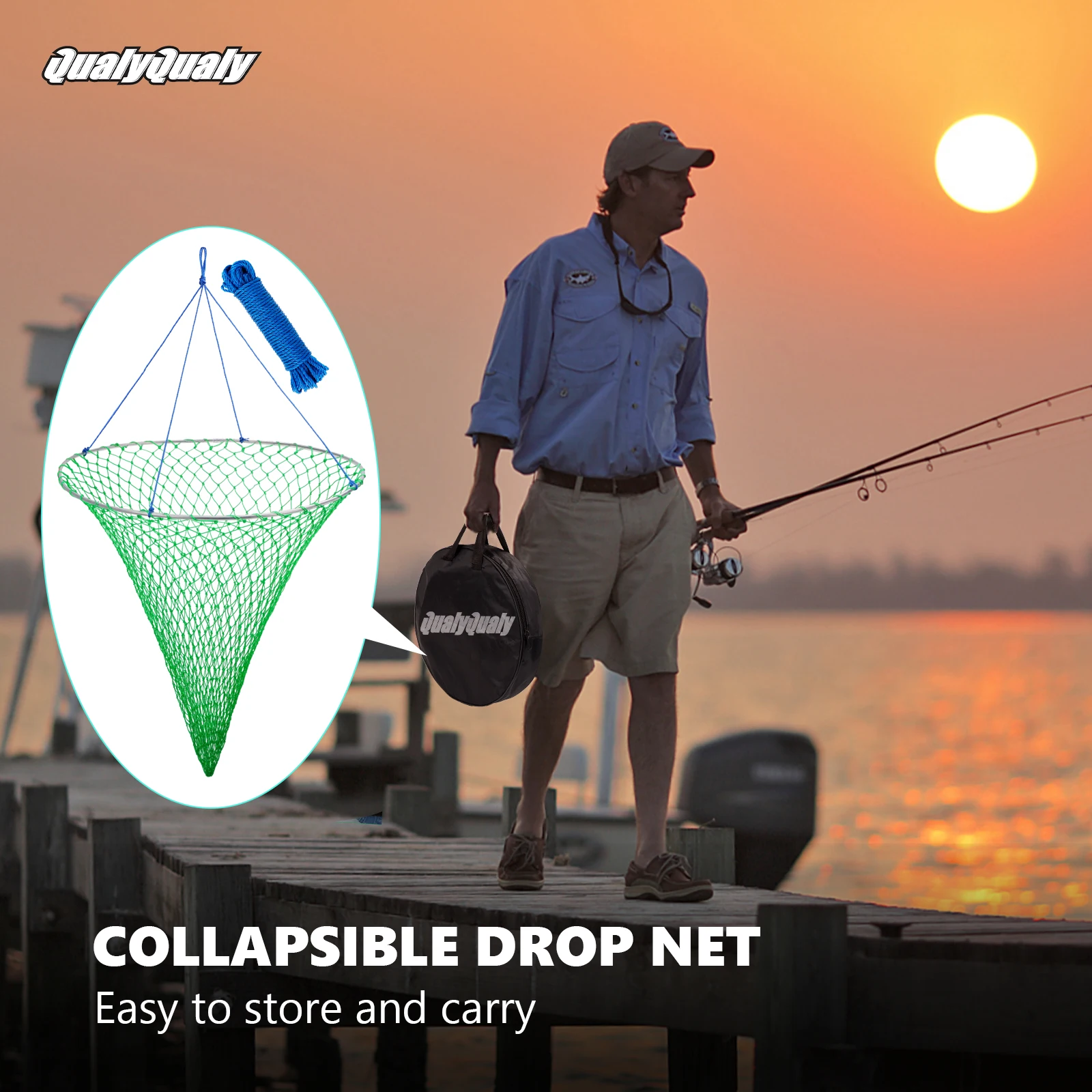 qualyqualy dobravel drop net para pesca armadilha de peixe com corda colher net malha grande duravel macio aco hoop cais 01