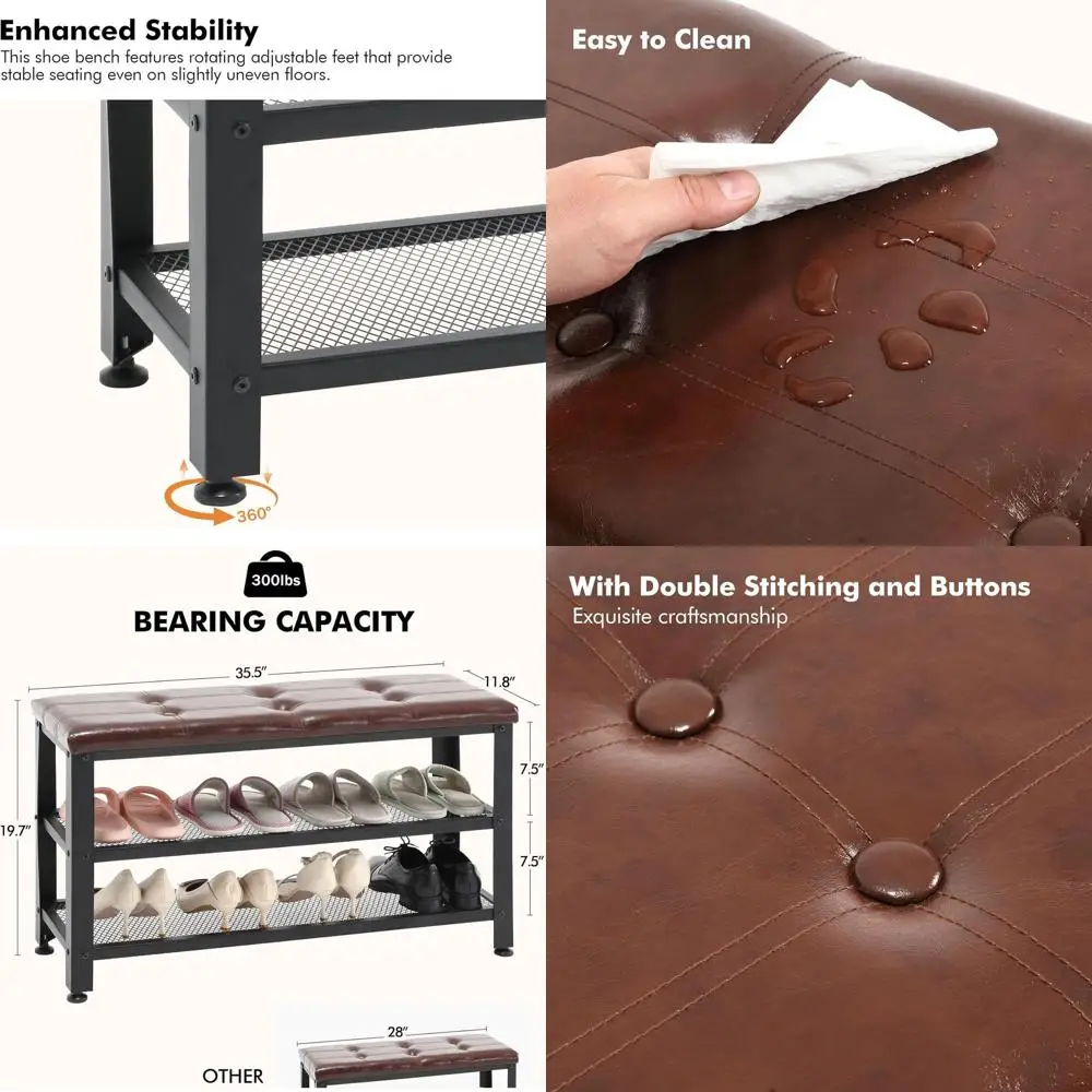 35.5 3-Tier Shoe Storage Bench with Leather Seat, Metal Frame, Holds 300 lbs, for Entryway, Living Room, Mudroom, Rustic Brown
