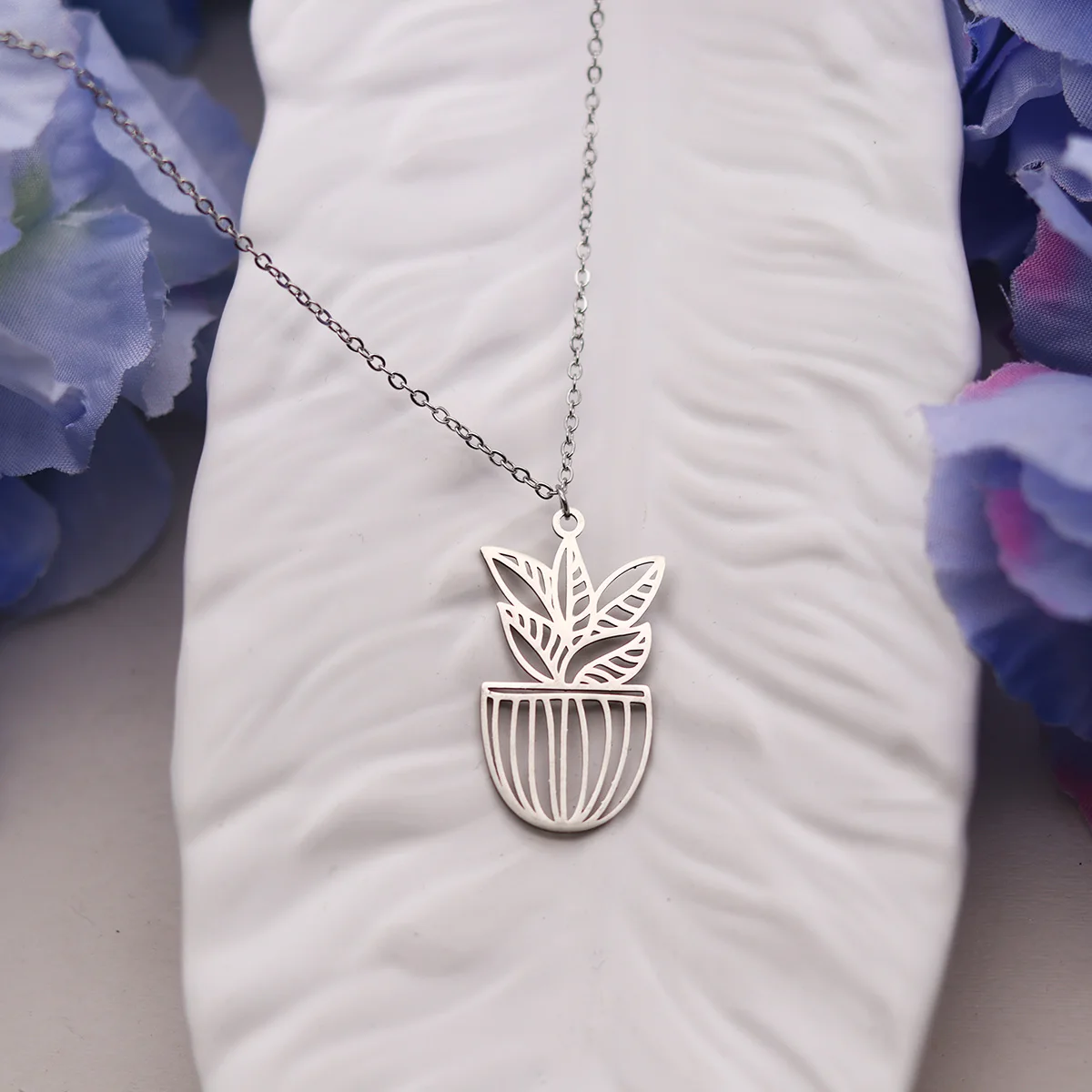 كينيتيال فريد بوعاء النبات قلادة قلادة المرأة مجوهرات من صلب لا يصدأ يترك القلائد الفتيات Collares اكسسوارات Mujer #6