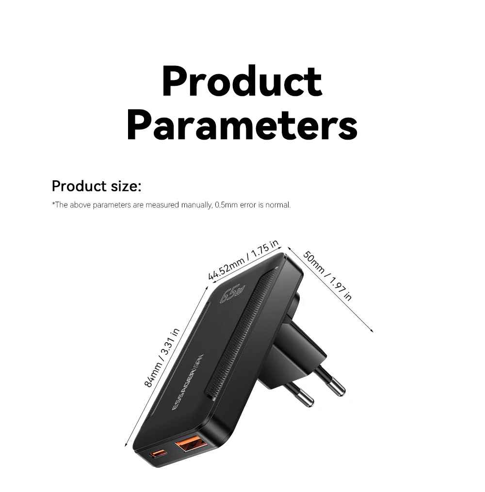 Essager Slim 65 W GaN Reiseladegerät USB A Typ C Tragbares Ladegerät Klappbares Schnellladegerät für iPhone 17 16 Samsung MacBook Laptop – Detail 14