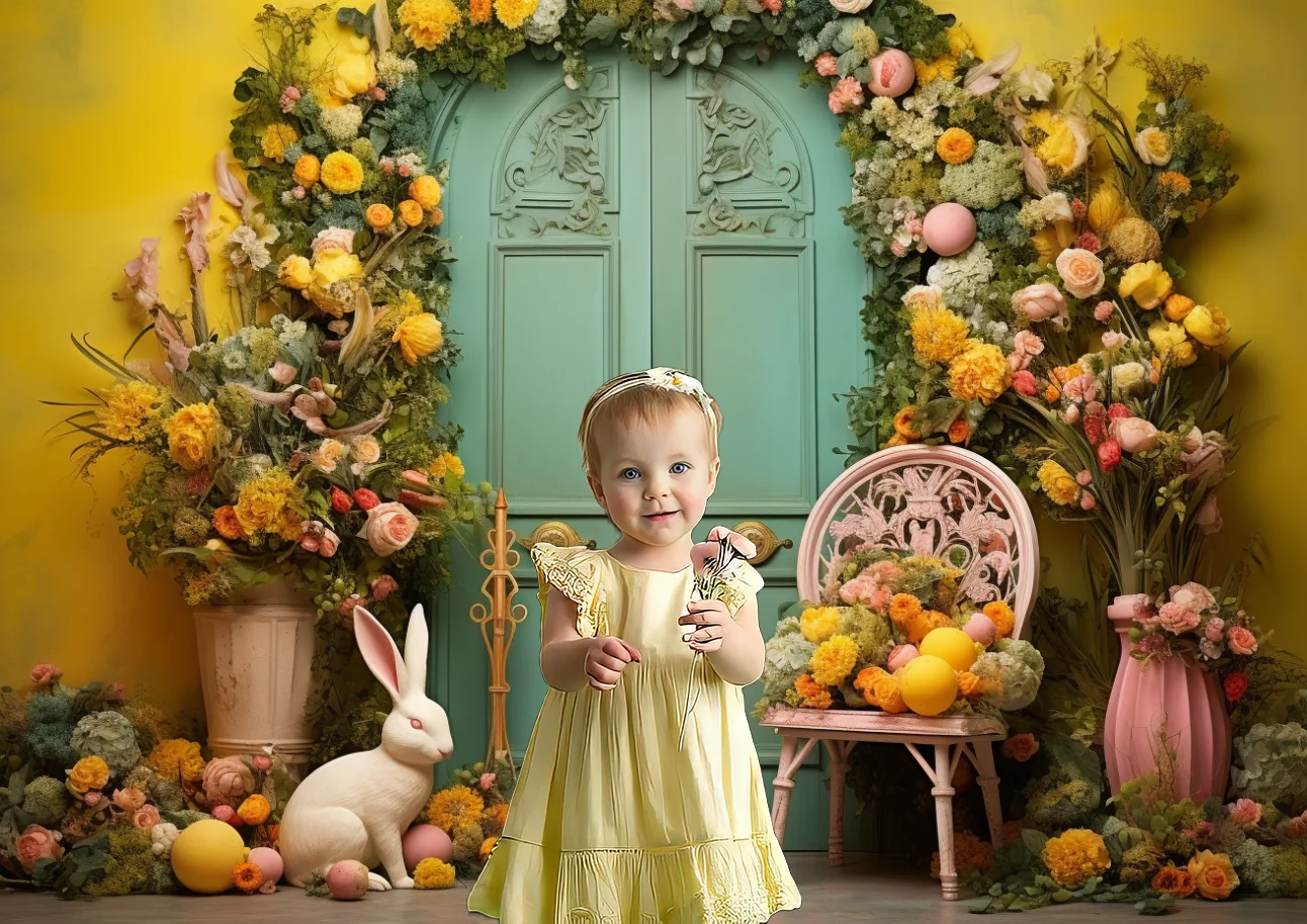 Spring Photography Backdrop Easter Painted Door Flower Bunny Yellow Green Handcrafted Kids Birthday Portrait Photo Background