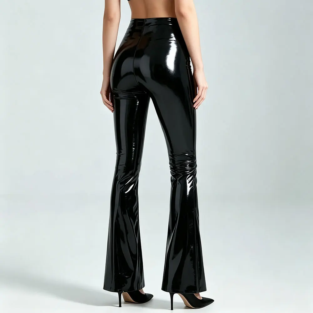 Ladies Sexy High Waist Shiny Latex Flare Pants Slim Fit Black PU Leather Long Trousers Elegant Party Clubwear Streetwear Y2K Hot