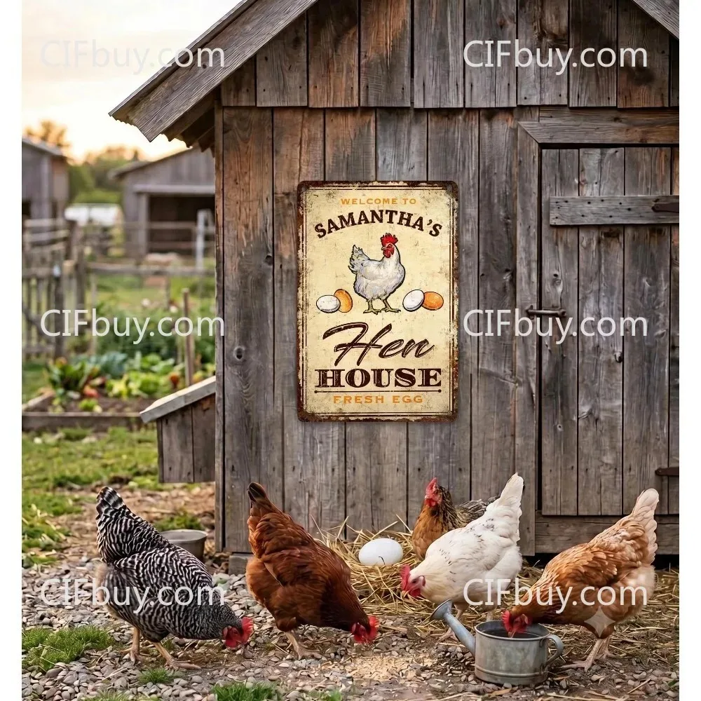 CIFbuy 2D Flat Custom Hen House Metal Sign, Personalized Name Plaque, Farm Chicken Coop Decor